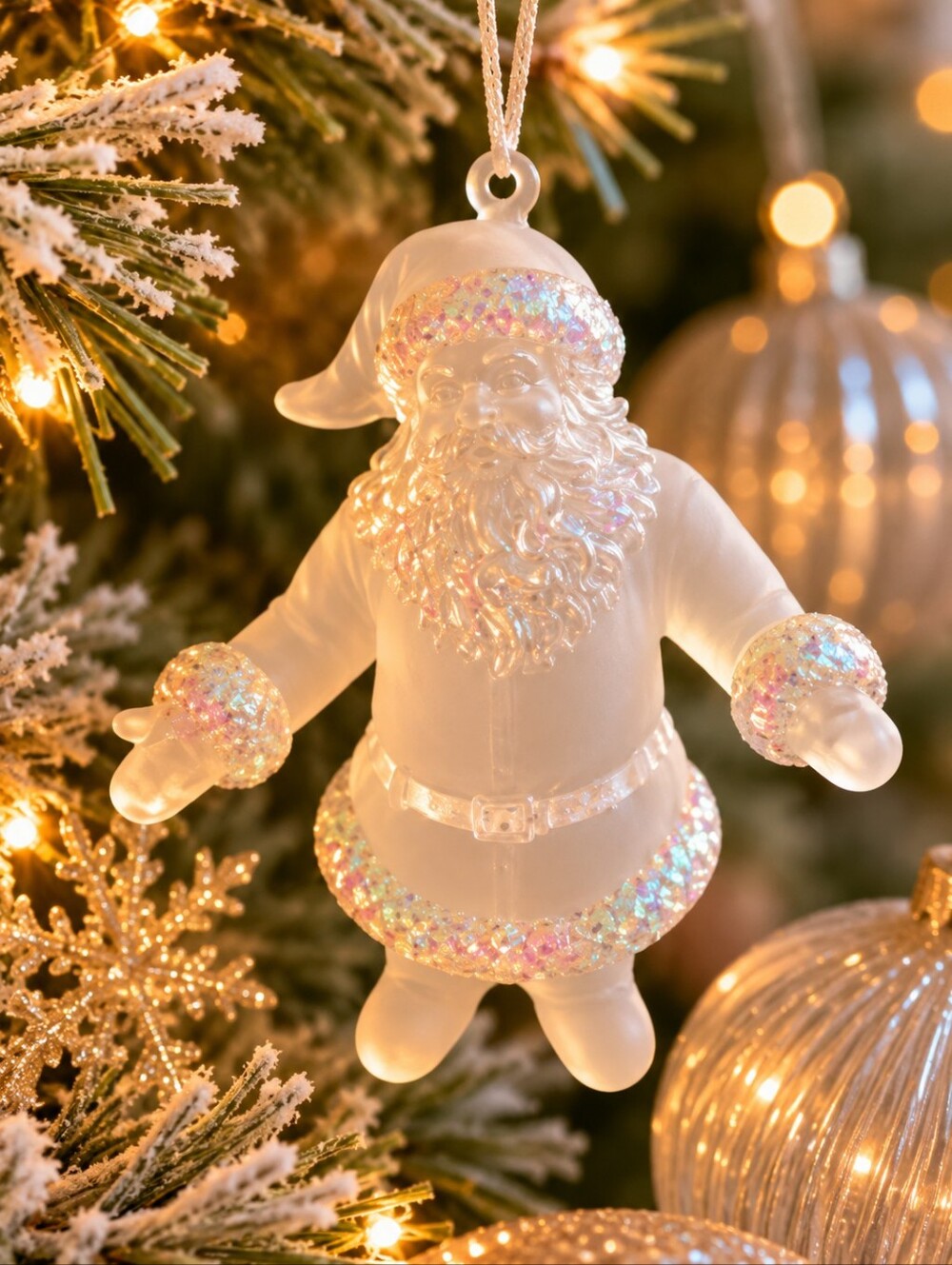 Vintage White Santa Ornament Frosted Winter Wonderland Christmas Tree Decor